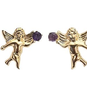 Yellow gold cherubs angels stud earrings holding amethyst birthstone